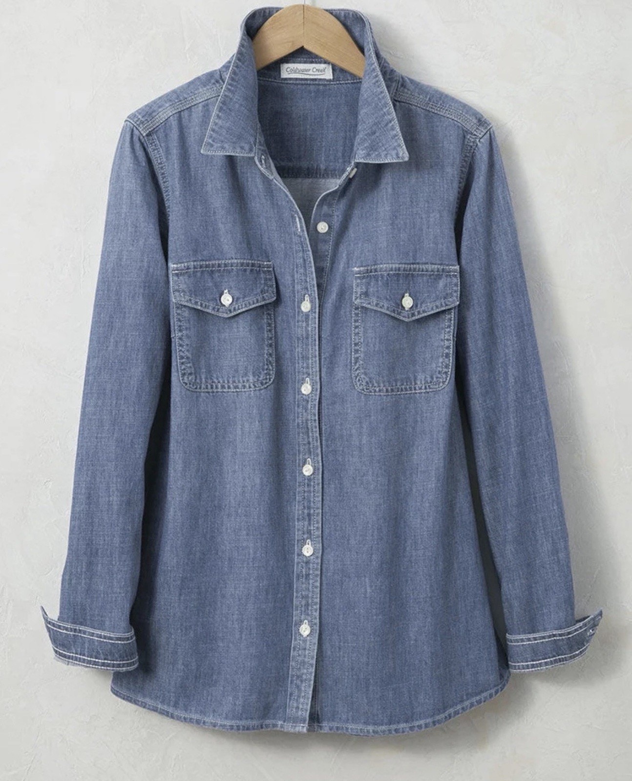 Coldwater Creek Blue Chambray Denim Shirt River Walk Pocket Western Jean 1x